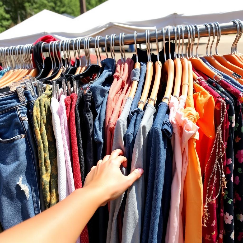 Mãos escolhendo peças de brechó em uma arara com jeans e vestidos